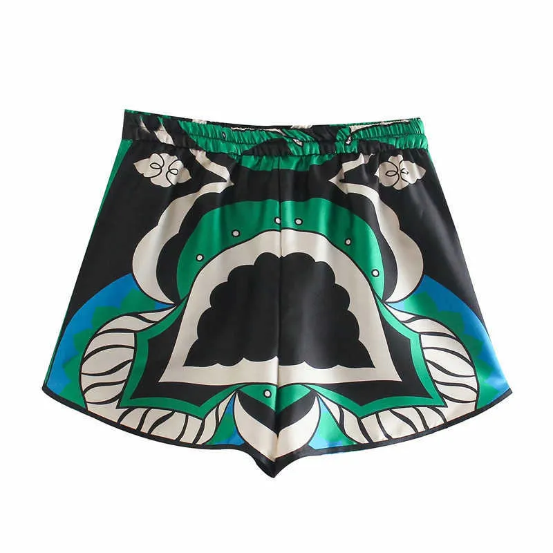 TRAF Za Bermuda Shorts Frau Sommer Grün Drucken Hohe Taille Kurze Hosen Frauen Vintage Lose Casual Streetwear Sets 210719