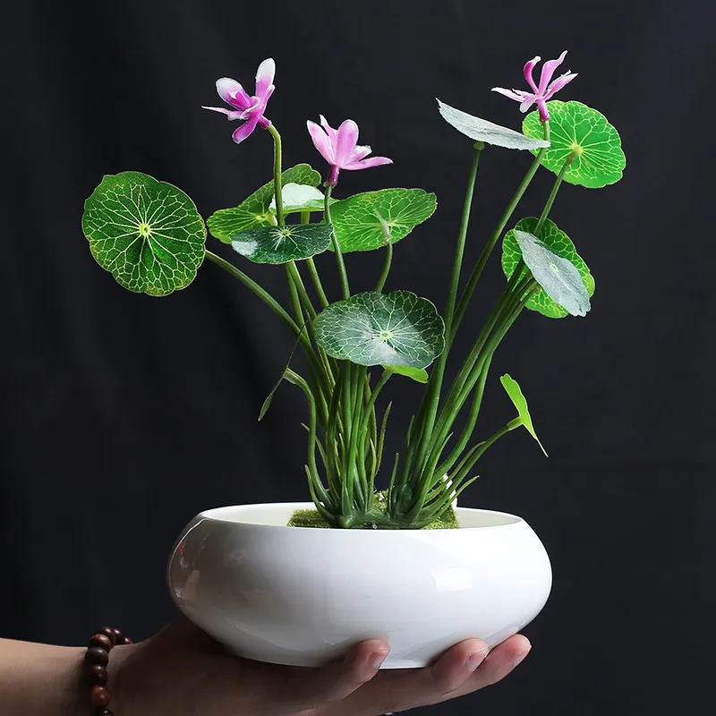 白い水仙セラミック植木鉢中国モダンチック植物ボウルロータスリビングルームウォーター磁器Y200709