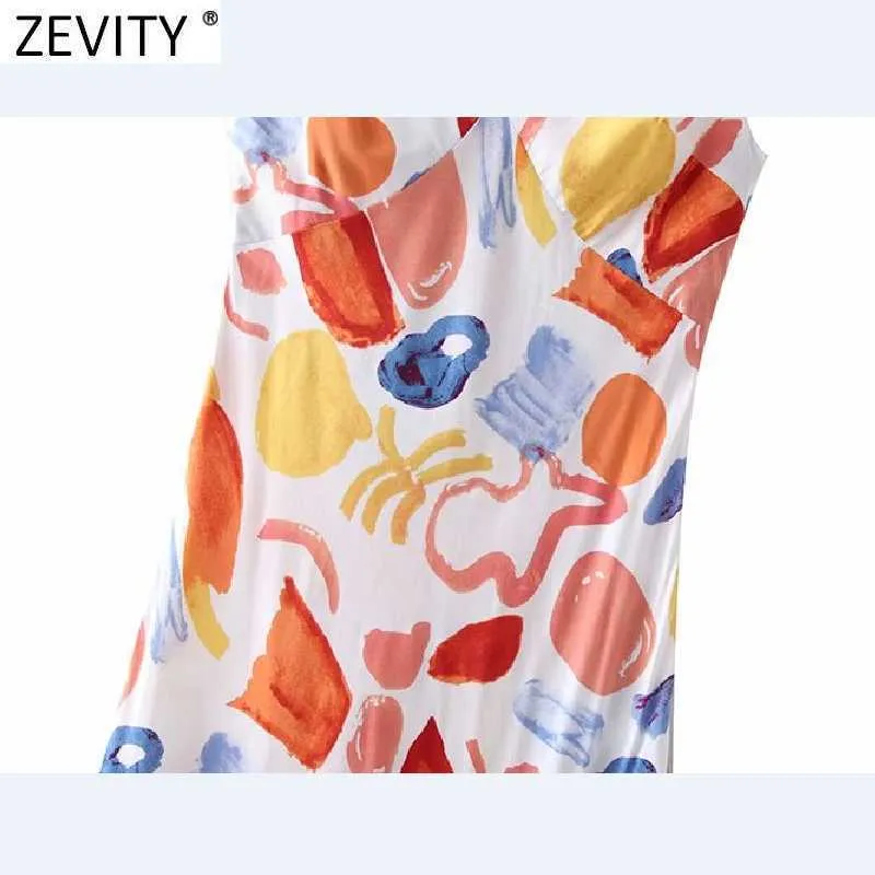 Zevity女性のファッション落書きプリントスプリットカジュアルスリングドレス女性の背中の蝶の縛られたサイドジッパーヴェスティドシックなドレスDS8382 210603