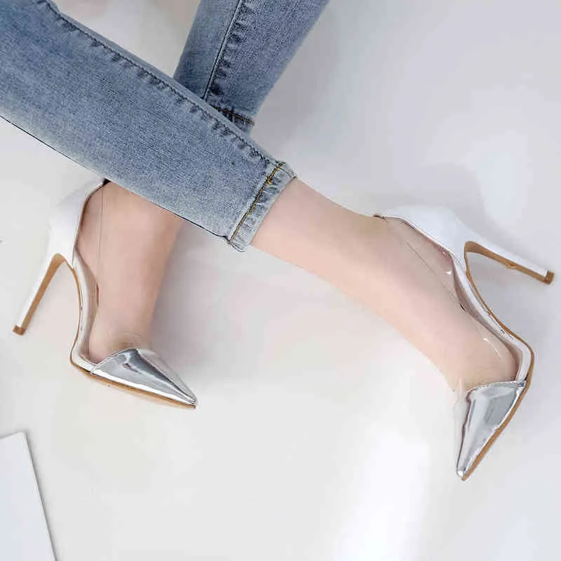 Dress Shoes Silver&gold transparent thin high heels 10cm pointed toe shallow OL dress pumps slip on european fashion single shoes woman 220315