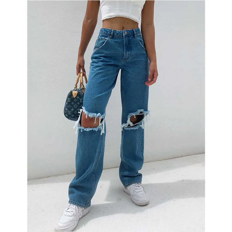 Jeans Novos Jeans Mulheres Rasgalhadas Stretch Jeans 2021 Sexy Straight High Cintura Senhoras Plus Size Comprimento Completo Solto Calças X0621