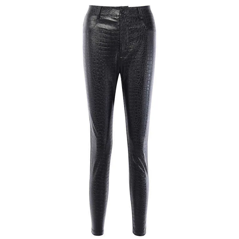 Instahot Svart Penna Faux Läderbyxor Kvinnor Casual Elegant Carving Print Ladies Capris Ankel Längd Byxor Streetwear Byxor Q0801