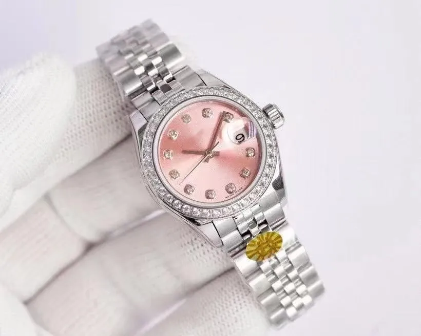 Högkvalitativ 26mm Fashion Gold Ladies Dress Watch Diamond Sapphire Mechanical Automatic Women's Watches rostfritt stål Strap236n