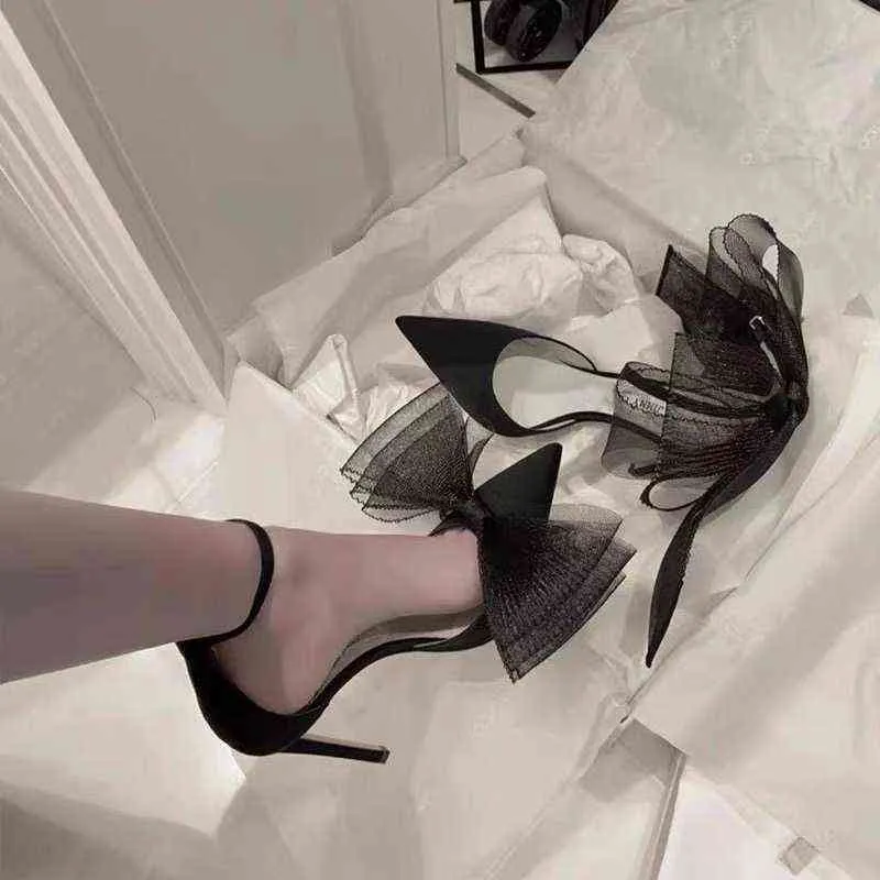 Сандалии модные сандалии женские летние туфли заостренный сардин ткань лук ступени высокие тапочки на высоком каблуке открыть туфли большого размера 220309
