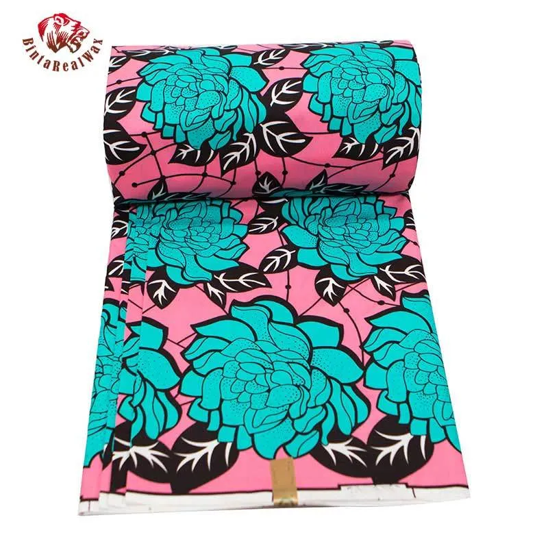 Bintarealwax Ankara Fabric100% Poliester Różowy tło Chryzantema Wzór Szycie Materiał 6 jardów / FP6344