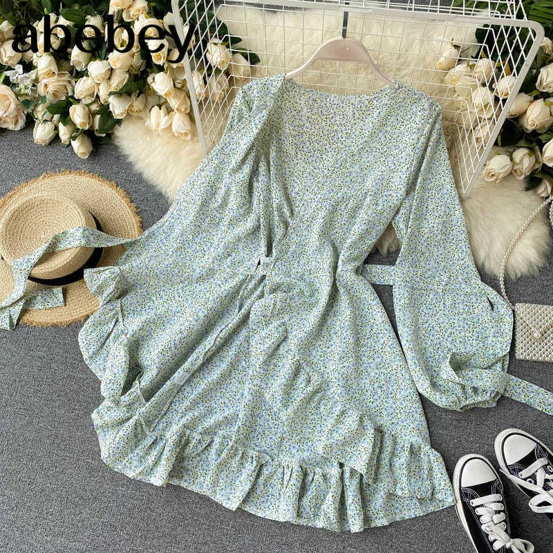 A-ligne élégant automne solide vert printemps Retor robes femmes fête taille haute à manches longues piste Boho Vintage robe 210715