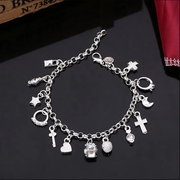 Modesmycken 925 Sterling Silver Moon Love Cross Charm Chain Armband Charms för män eller kvinnor Fin Gift245Q