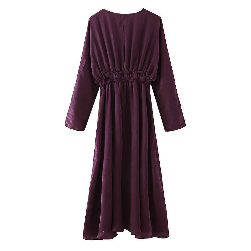 Za Satin Purple Long Dress女性Vネック長袖エレガントなオフィスドレスファッション弾性ウエストサイドポケットミディドレス210602