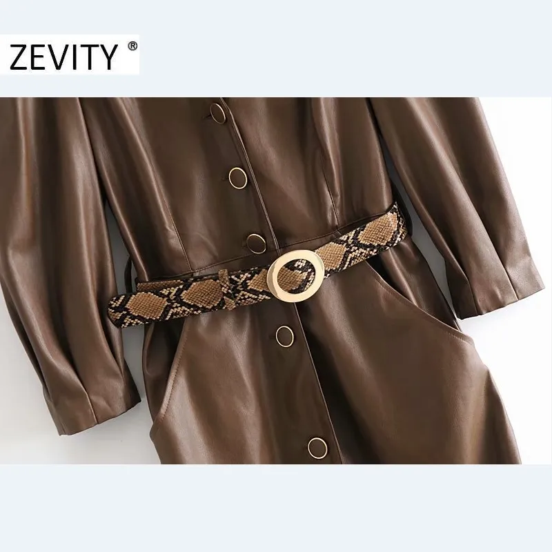 Zevity Autumn Women Fashion v Neck Solid Pu Leather Snake Sashes Midi Dress Office Ladies Chic Plets Puff Sleeve Vestido DS4541 210309