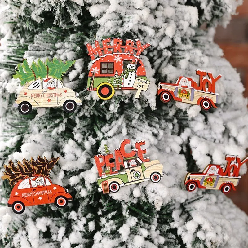 décorations de Noël autocollants en bois réfrigérateur voiture mignon fête de famille année Y201020