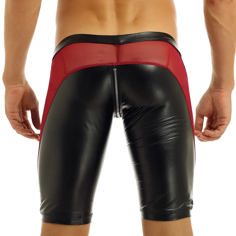 Seksowne Męskie Zipper Crotch Mesh See-przez Splice Low Rise Slim Fit Tight Jockstrs Boxer Shorts Evening Party Clubwear Kostiumy 220301