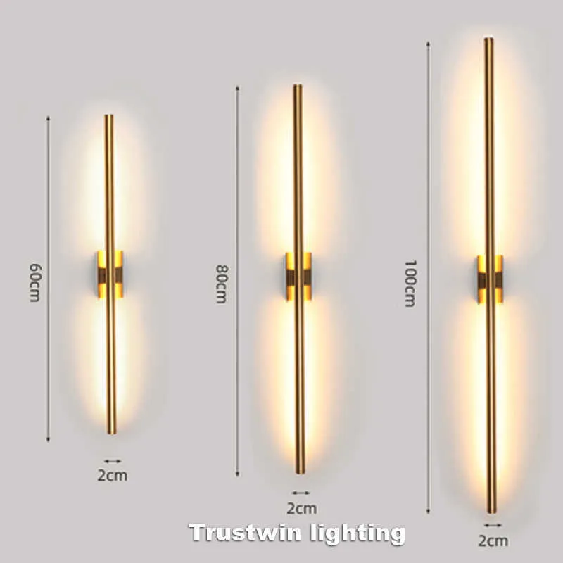 Candeeiro de parede LED de tubo linear simples e moderno para cima, para baixo, fundo oposto, luz de parede LED, cabeceira, corredor, arandela LED de ouro preto 21267m