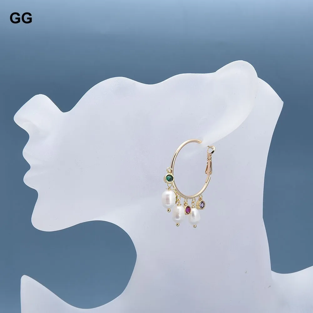 GuaiGuai bijoux naturel blanc perle de riz coloré CZ cristal plaqué or grand cercle boucles d'oreilles à la main pour les femmes