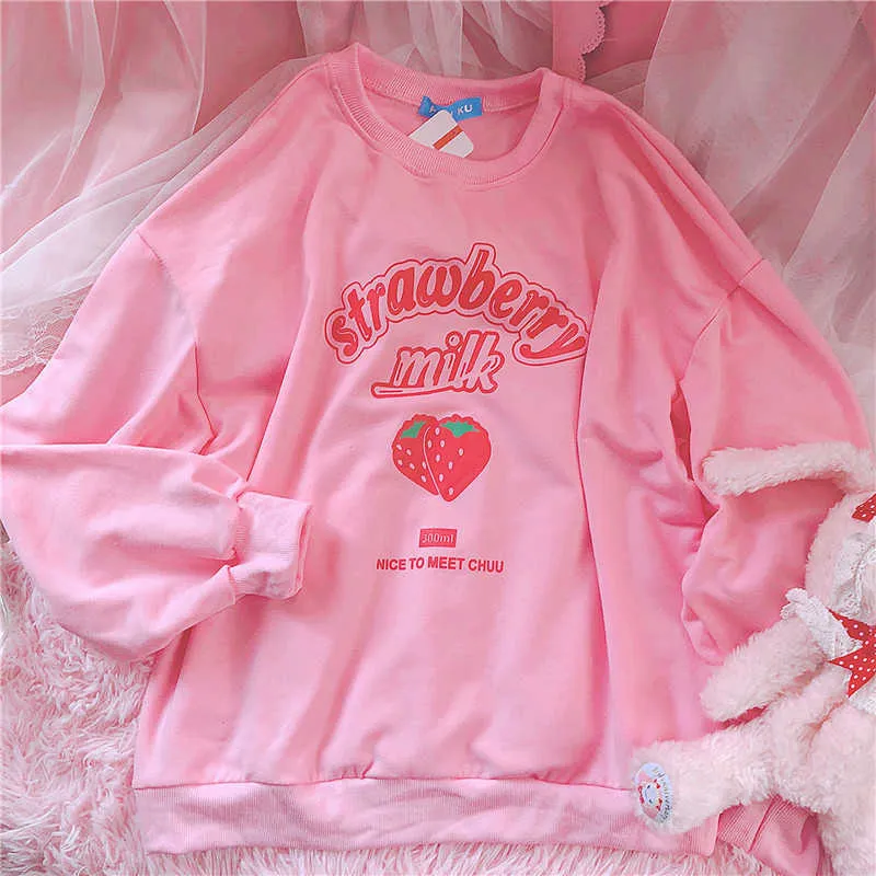 Kawaii fresa gráfica sudadera mujeres invierno estilo coreano más terciopelo lindo tops harajuku ropa rosa para adolescentes 210809