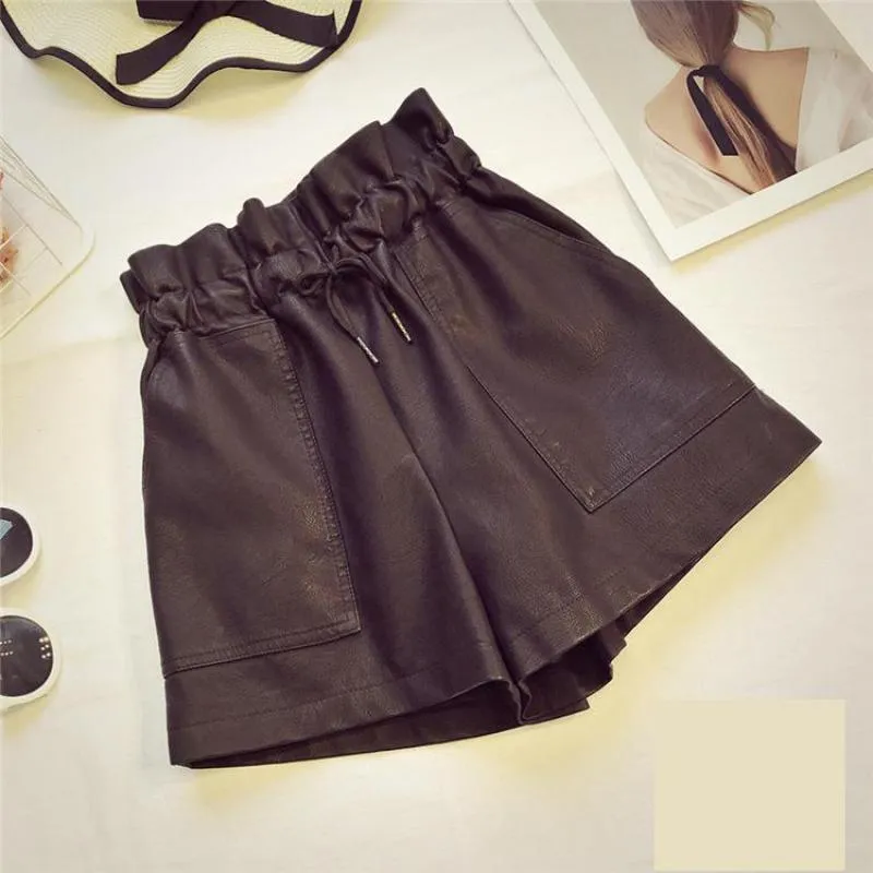 Spring Arrival Korean Style Leather Shorts High Waisted Loose Wide Leg Shorts Women Elastic Waist Shorts 210301