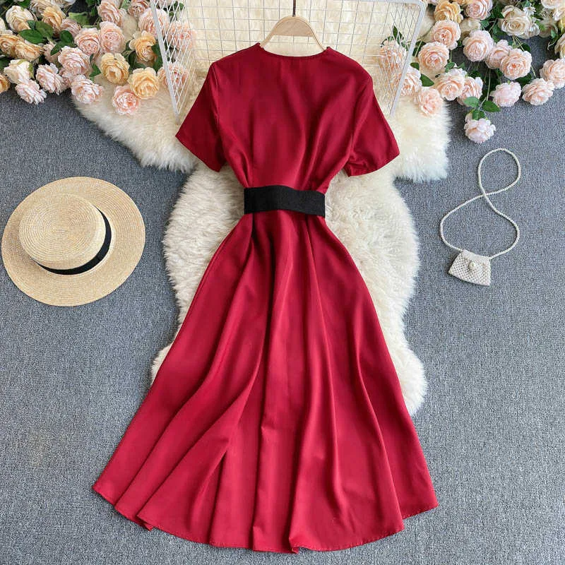 Rot/Schwarz/Grün Unregelmäßige Kleid Frauen Büro Damen Kurzarm A-Line Midi Vestidos Weibliche Vintage Robe 2021 OL neue Mode Y0603