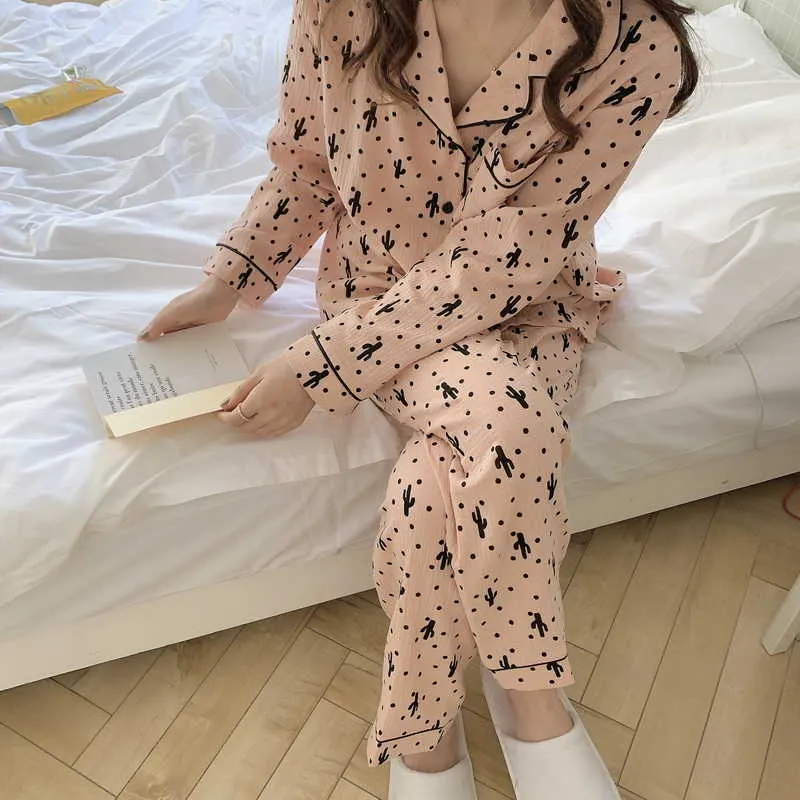 Kvinnor mjuk vintage mode våren mild avslappnad högkvalitativ koreanska priting lösa nattkläder pyjamas set 210525