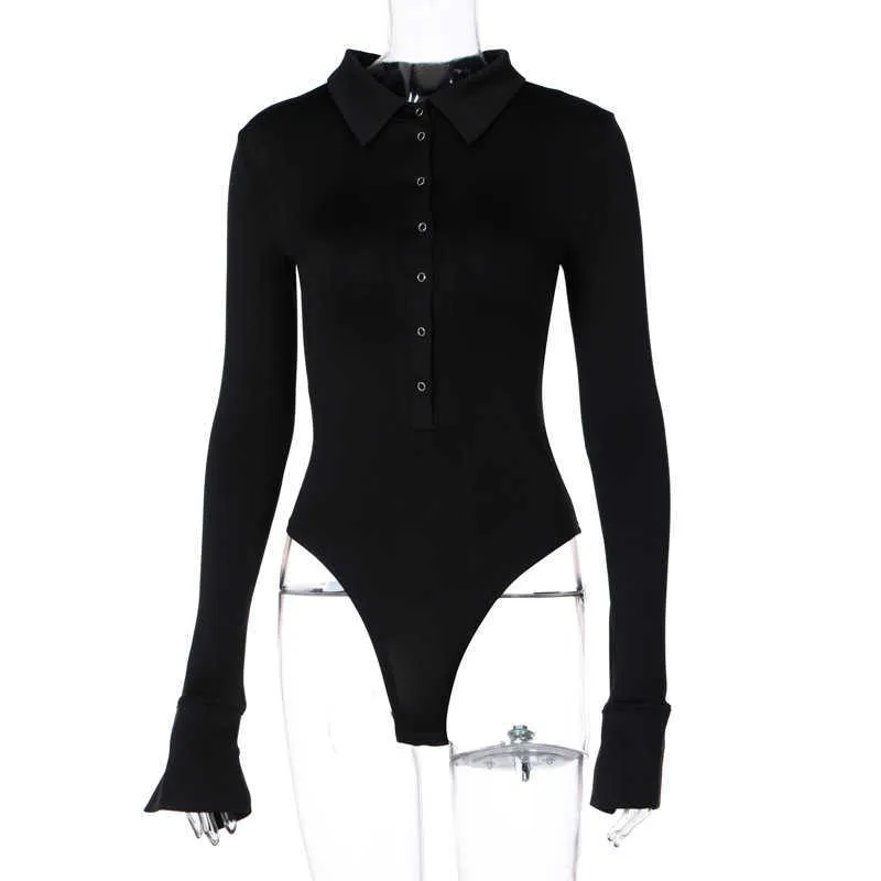 Bodysuit Women Long Sleeve Body Spring Sexy Skinny V-Neck Button Shirt Collar Bodysuits Black White Jumpsuit suit 210622