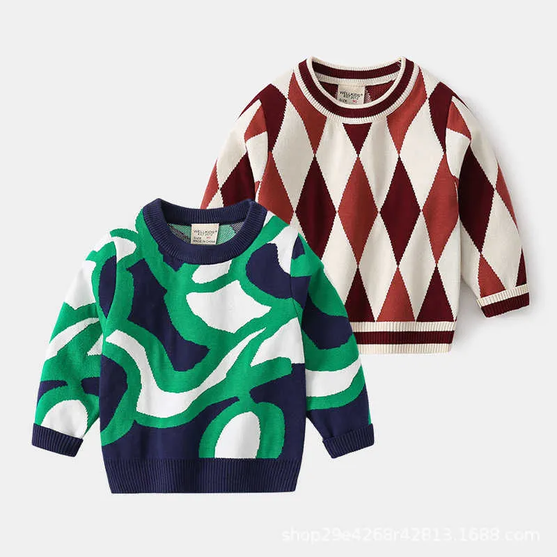2021 autumn boy sweater retro rhombus geometric pullover round neck casual fashion warm college style sweater Y1024