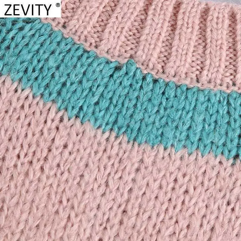Zevity Spring女性のファッションVネックカラーマッチストライプカジュアルニットセーターシックなレジャーノースリーブベストトップスS613 210603