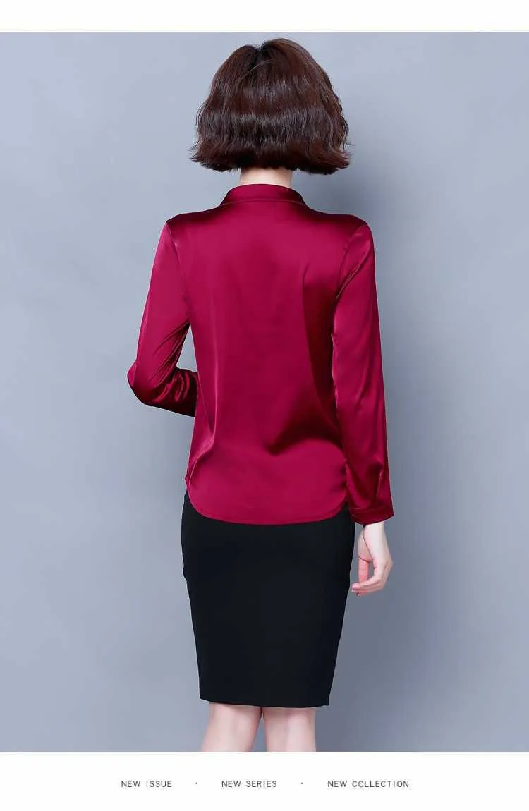 Womens Tops and Blouses OL Silk Blouse Autumn Basic Satin Office Lady Shirt Work Wear Blusas Feminina Shirts Plus Size 4XL 210531