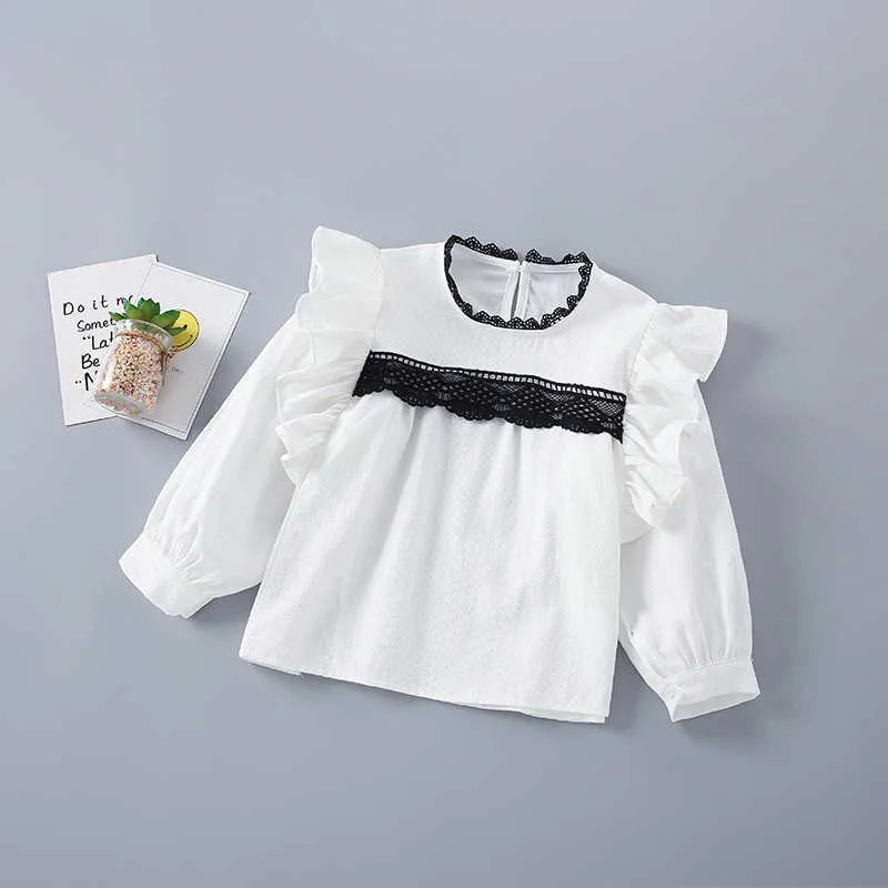 Spring Kids Girls 2-PCs Sets Patchwork Kant Long Puff Shirts + Denim Rok Kinderen Mode Kleding E1911 210610