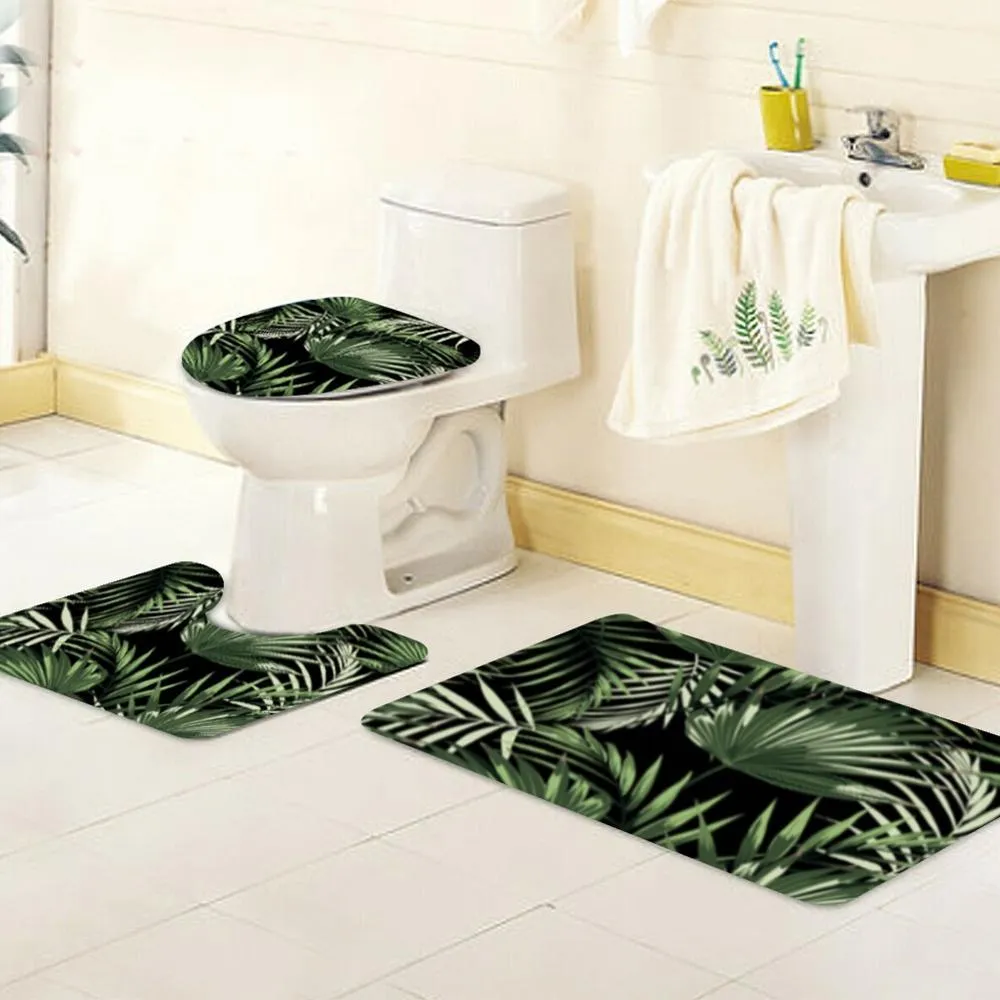 Tropisches Pflanzenblatt, grüner Stil, dekoratives 3-teiliges Badezimmer-Set, rutschfeste Matte, Toilettensitzbezug, elegantes, stilvolles Badzubehör 21324I