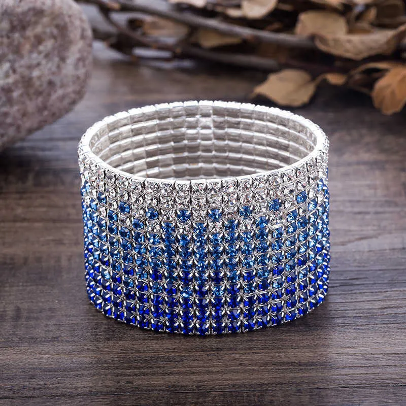 12 Rows Crystal Rhinestone Bangles Bracelet for Women Silver Plated Blue and Clear Crystal Combination Wedding Bracelet (2)
