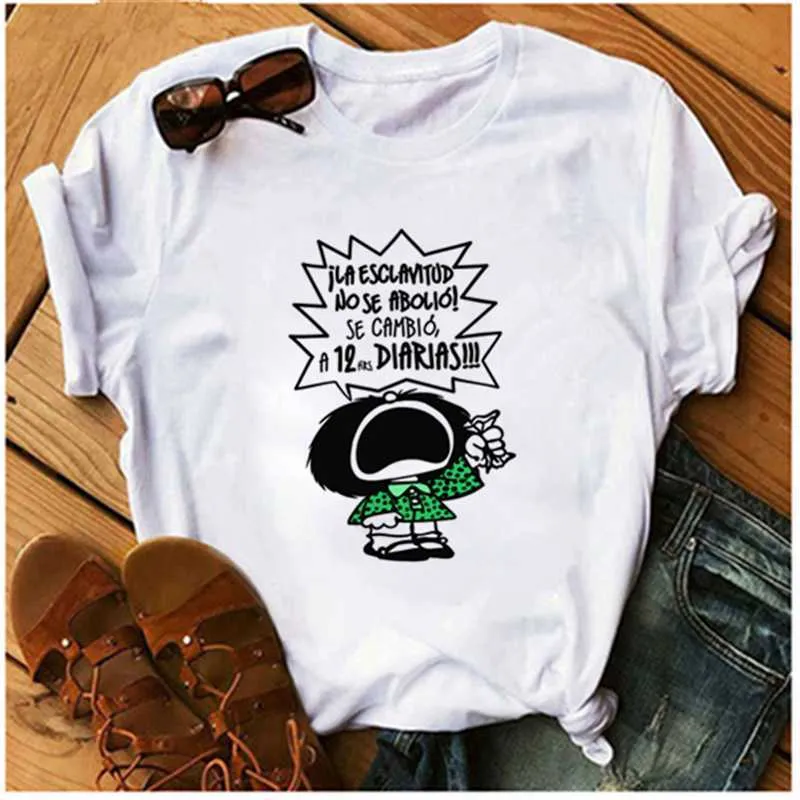 AOWOF Funny PEACE Mafalda Or I WANT Coffee Cartoon T-shirt Women Graphic Print T-shirt Harajuku Casual T-shirt Ladies Top X0527