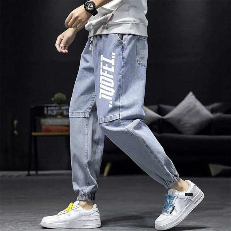 Mode losse mannen jeans elastische taille blauw gewassen casual broek outdoor straat stijl smart cargo broek big size harem jeans x0621