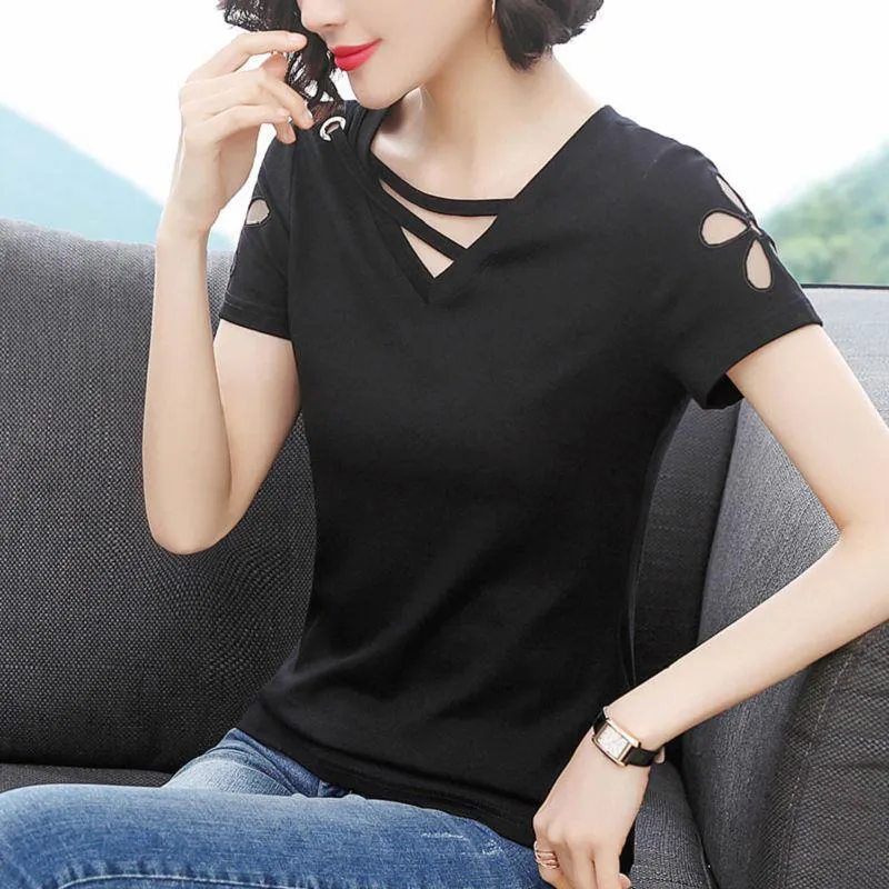 Coton Femmes T-shirts Tops Lady Casual Spring Summer Style à manches courtes O-Cou Patchwork Pull T-shirts Tops 210317