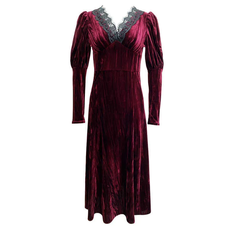 Élégant velours robe français vêtements pour femmes automne hiver Style vin rouge mince une ligne robes de soirée Vestidos 210608