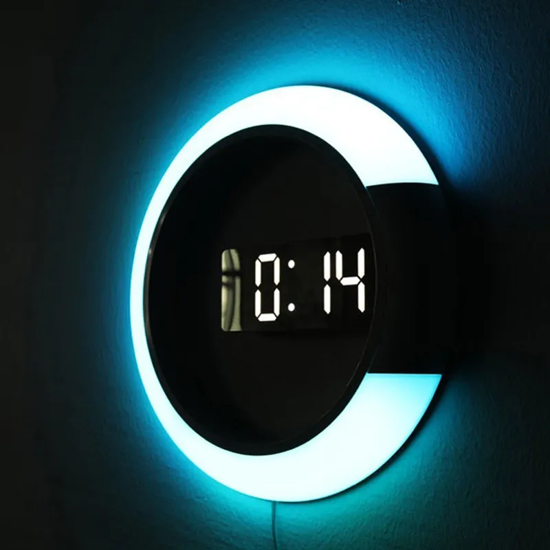 3D LED Digital Wand Alarm Spiegel Hohl Uhr Tischuhr 7 Farben Temperatur Nachtlicht Für Home Wohnzimmer Dekorationen 210310