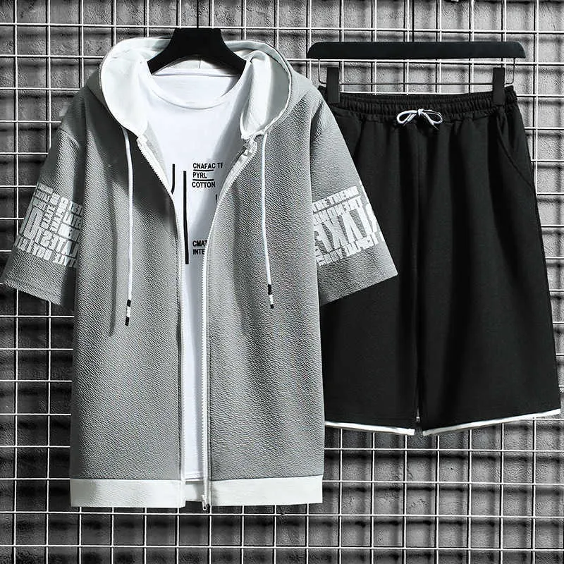 Os conjuntos masculinos com capuz zipper manga curta tops + cintura elástica calças homens roupas 2 peças conjunto coreano streetwear jogging tracksuit 210714