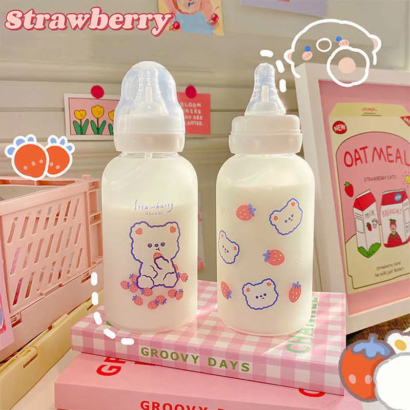 Cute Cartoon Strawberry Bear Glass Pacifier Water Bottle Straw Cup For Adult Children Milk Frosted Bottle Baby Feeding Bottles 211307t