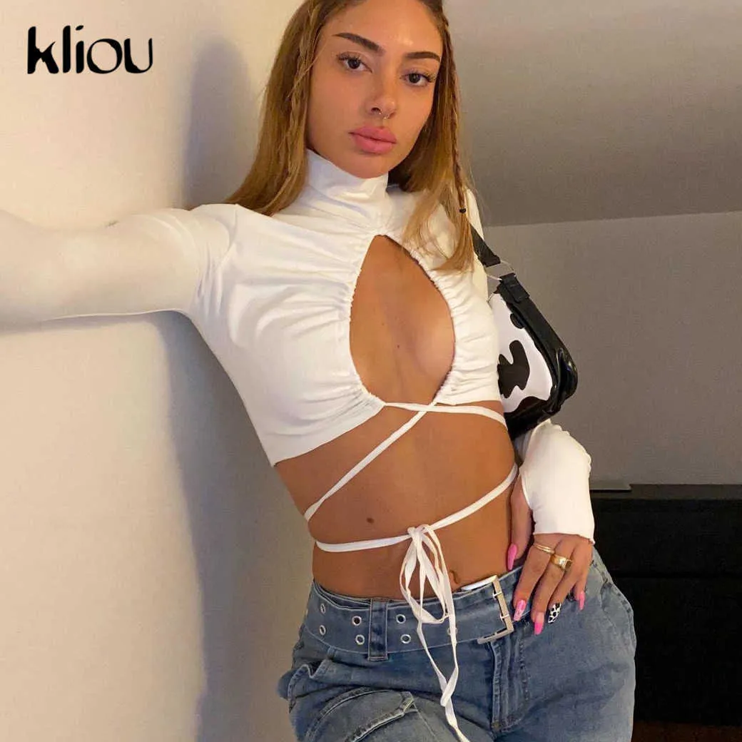 Kliou Fasciatura Scava Fuori Hot Sexy Crop Top Donna Dolcevita Solido Streetwear Slim T-shirt Clubwear Aderente Skinny Tees X0628