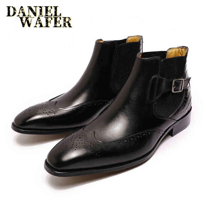 Bottes Chelsea de luxe en cuir véritable hommes cheville haute qualité sans lacet boucle sangle bout d'aile marron noir chaussures hommes de base 211216