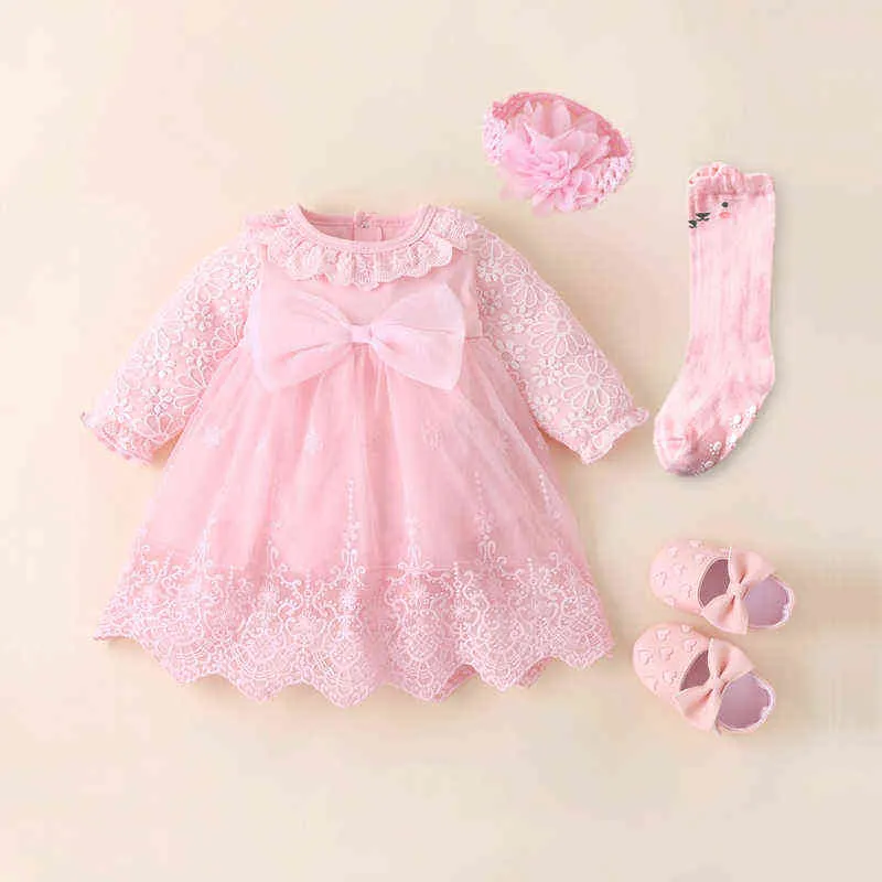 Nya spädbarnsdödkläder Nyfödd Baby Girl Dresses Bomull Princess 0 3 6 12 månader Baby Dopkläder G1129