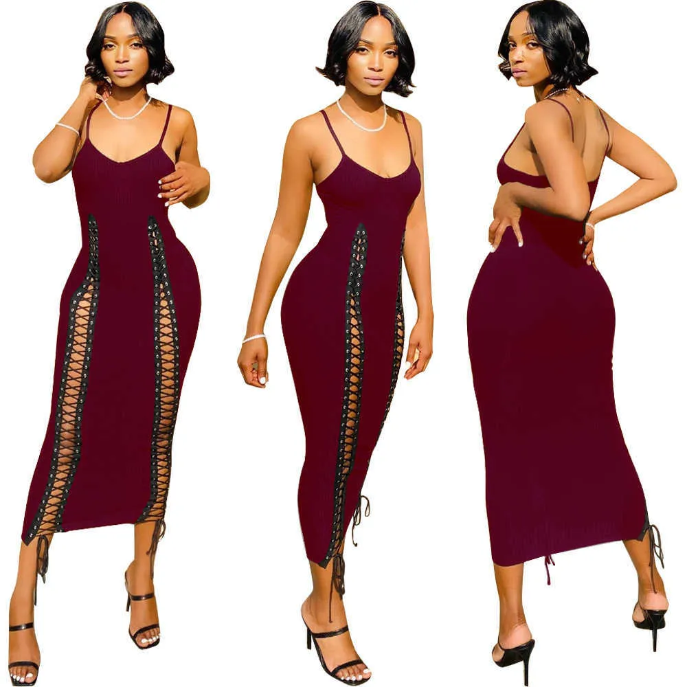 2021 new fashion V-neck tight pencil skirt new sexy nightclub wear lace-up stitching long dress women's sleeveless Y1006