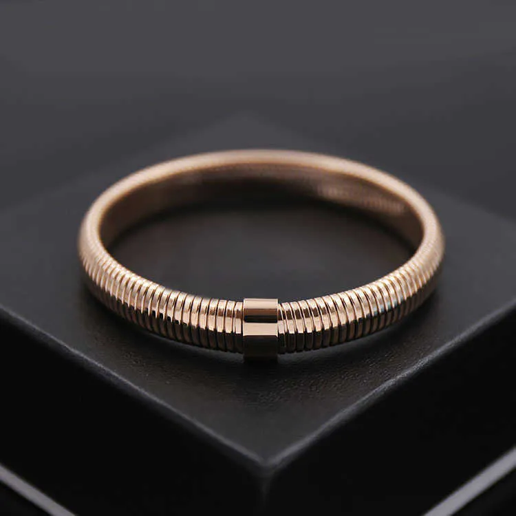 Fashion Jewelry Simple Gold Rosegold Titanium Steel Bangle Version Women's Wide Snake Chain Round Charm Bracelet Q0717