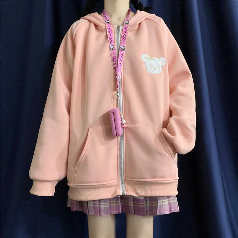 Houezhou estilo coreano mulheres hoodies primavera moda kawaii coelho orelhas moletom manga longa Bordado solto zip up hoodie 210928