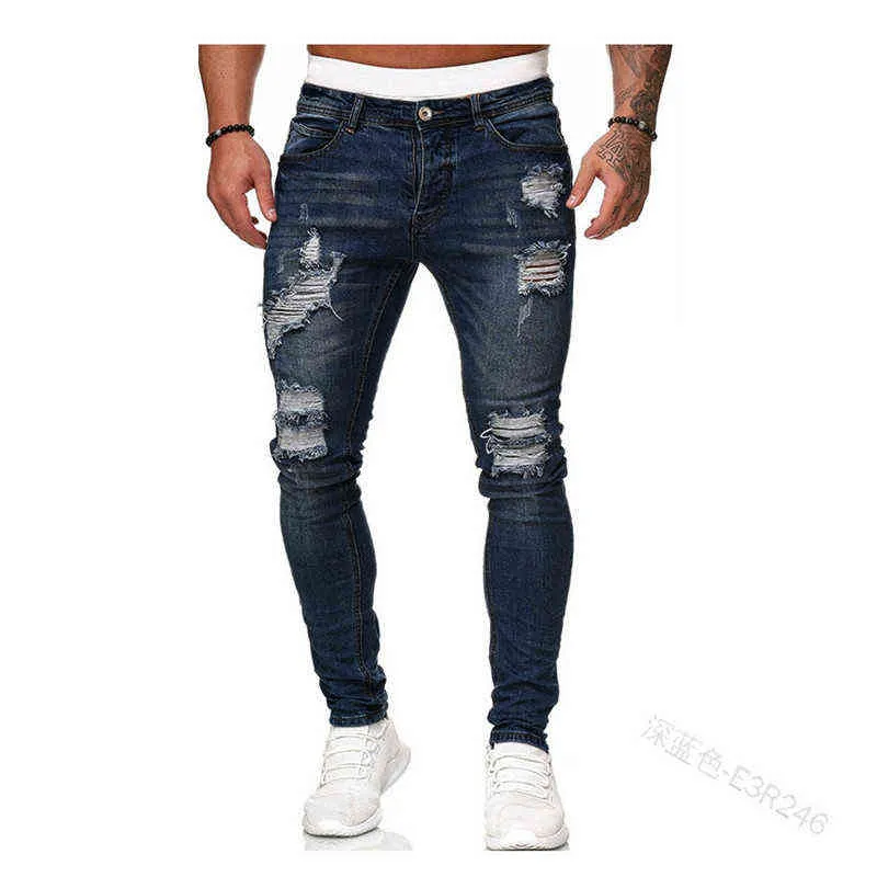 Jeans Mannen Ripped Skinny Blue Potlood Broek Motorfiets Party Casual Broek Straat Kleding Denim Man Clothin 211111