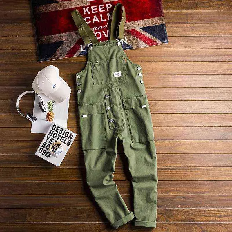 Men's Loose Cargo Bib Overalls Pants Multi-Pocket Overall Men Casual Coveralls Suspenders Jumpsuits Rompers Wear Coverall 211202