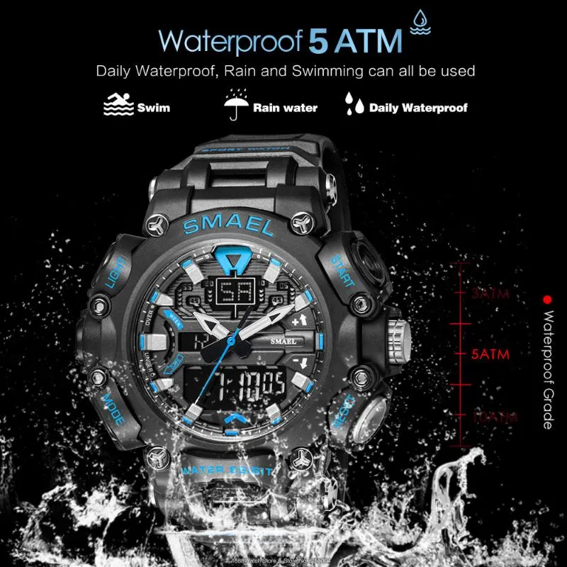 Armbandsur Smael Dual Time Led Digital Watch för män 50 m vattentät kronografkvartsklockor Orange Military Sport Electronic 298G