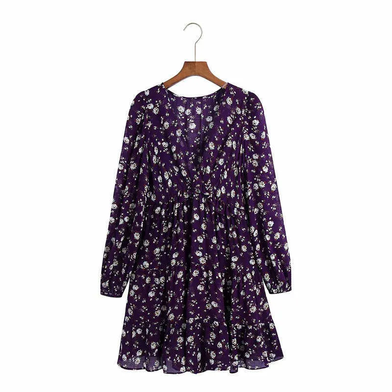 Za élégant imprimé floral violet mini robe femmes à manches longues à volants taille élastique vintage robes froncées doublure robe 210602