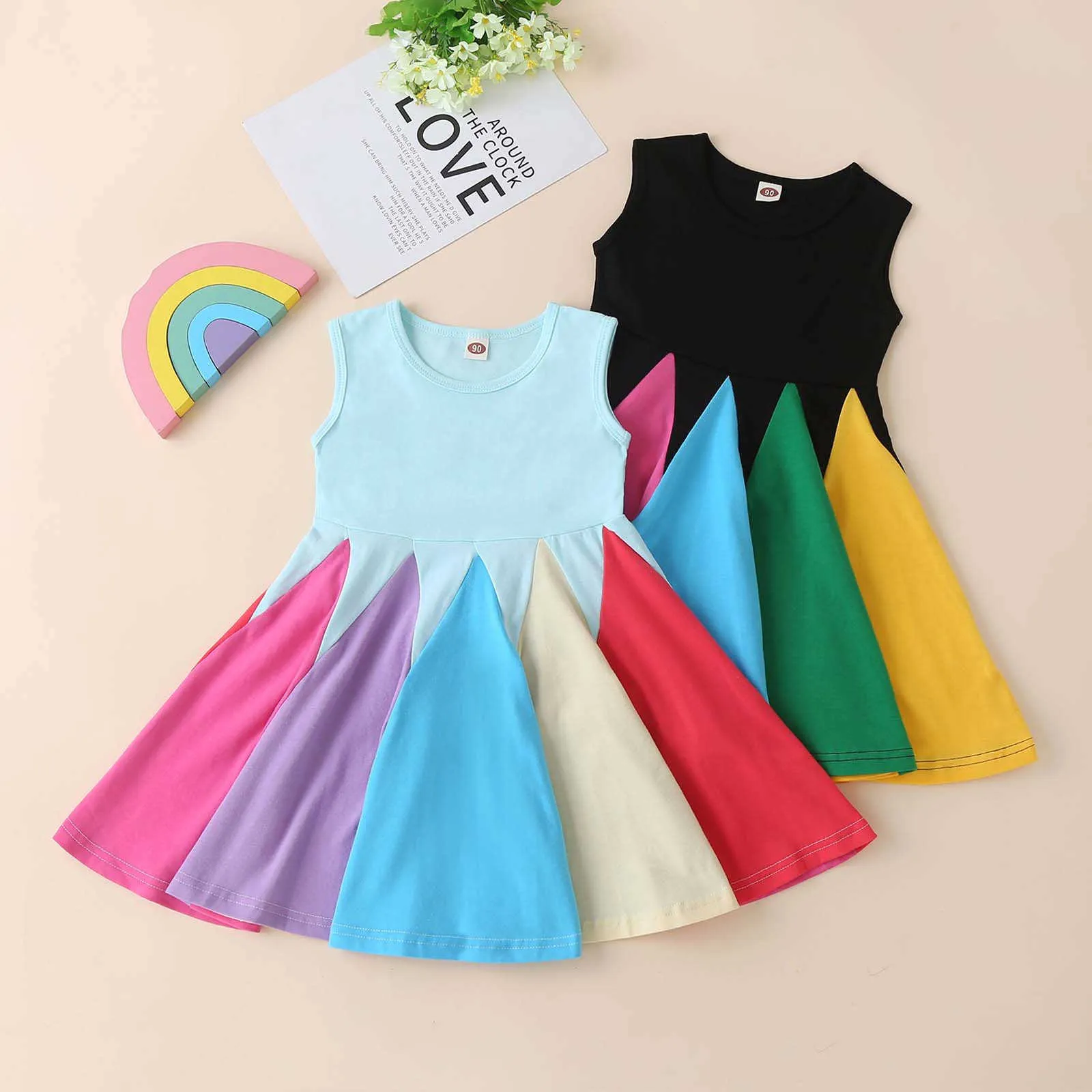 Neugeborenen Kleider Kleinkind Kind Baby Mädchen Sommer Regenbogen Nähte Kleid Ärmellose Prinzessin Kleid Kinder Kleidung Q0716