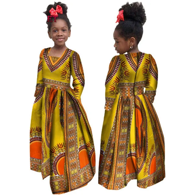 Afrika Sonbahar Kız Elbise Çocuklar Dashiki Geleneksel Pamuk Uzun Kollu Elbiseler Eşleşen Afrika Baskı Kız Doğal Elbise WYT61