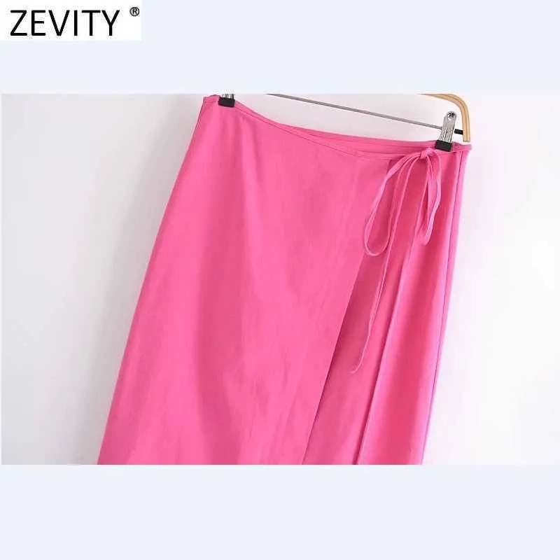 Zevity kvinnor mode solid färg spets upp sling en linje Midi kjol faldas mujer kvinnlig inslagna avslappnad smal söta kjolar qun787 210603