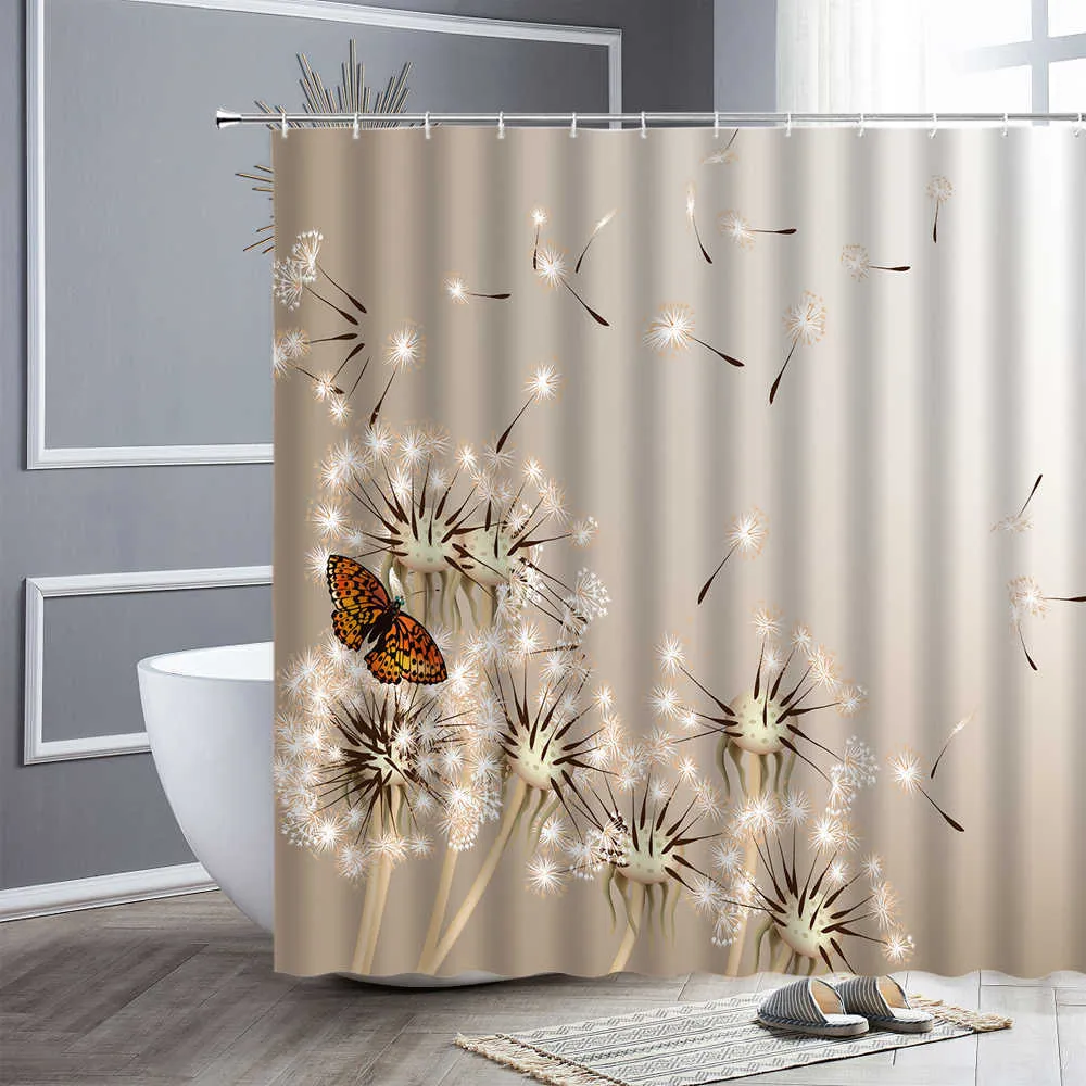 Fleur Rideau De Douche Pissenlit Papillon Printemps Paysage Impression Étanche Rideaux De Bain Tissu Polyester Crochets Salle De Bains Décor 210609