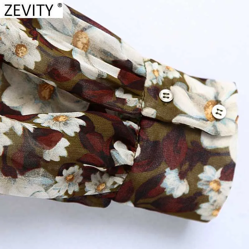 Zevity Women Vintage Stand Collar Floral Print Chiffon Smock Blouse Ladies Press Casual Short Shirts Chic Femininas Tops LS7314 210603
